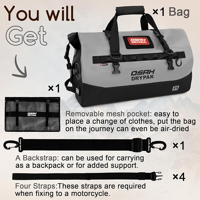 OSAH DRYPAK Waterproof Duffel Bag 25L/40L/60L – Heavy-Duty Motorcycle Tail Bag, Roll-Top Dry Bag for Travel, Camping, Boating, Kayaking, Outdoor Adventure