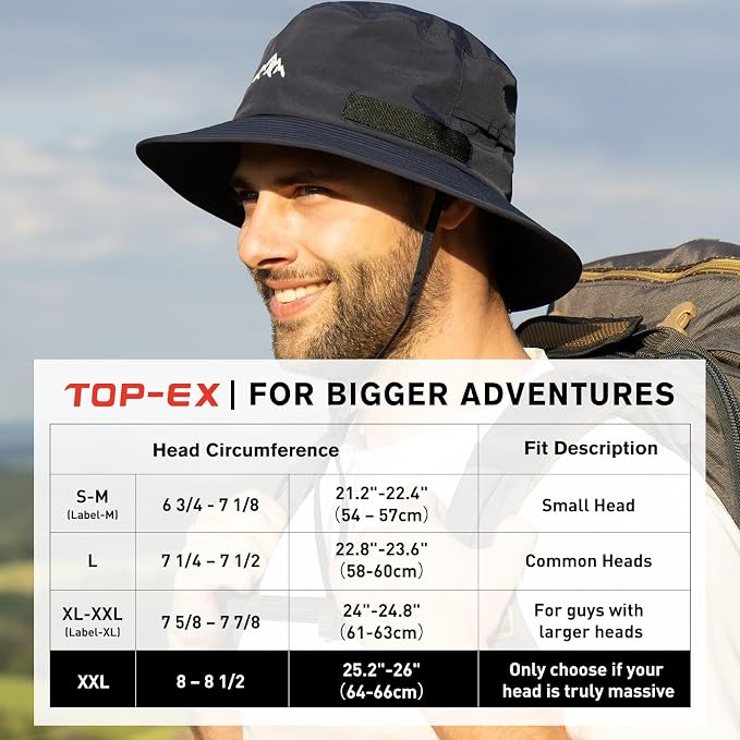 TOP-EX L/XL/XXL UV50+ Waterproof Bucket Sun Hat for Fishing Golf Hiking All-Weather Outdoor Rain Hat Stiff Brim