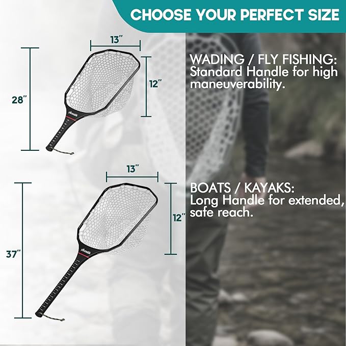 Riverruns Fly Fishing Landing Net Carbon Fiber Trout Net with Measurement Handle, Soft Rubber Mesh - 26" Standard (Wading) / 37" Long (Kayak)