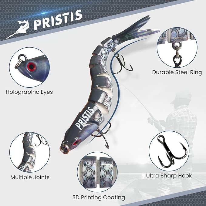 Pristis Lifelike Fishing Plugs for Bass Muskie Walleye, Slow Sinking Swimbaits for Saltwater Freshwater, Shallow Deep Diving Crank Hard Baits Lure Set with Reinforced Treble Hooks for Pike Crappie