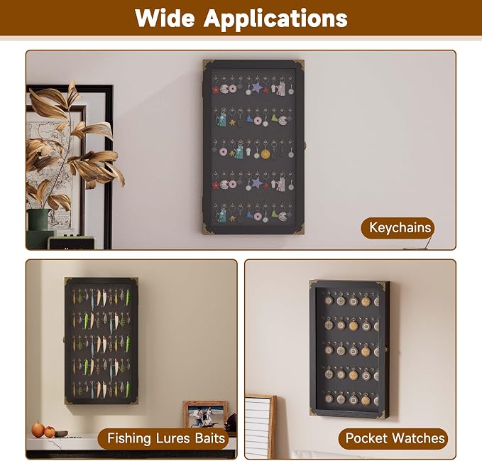 tonchean Fishing Lures Keychain Display Case Wall Mount Pocket Watch Collection Display Case 5-Tier Wall Cabinet for Room Decor, 24.4in(H) x14.2in(Wx2.6in(D), Black
