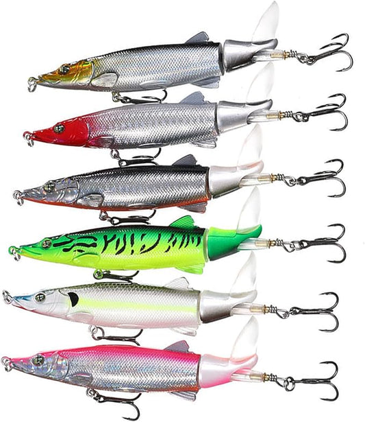 6PCS Top Water Whopper Fishing Lure 5.1 inch, Bass Popper Lure kit, Topwater Fishing Lures with Rotating Tail, Floating Popper for Crappie Walleye Catfish Pike Perch, Freshwater Or Saltwater