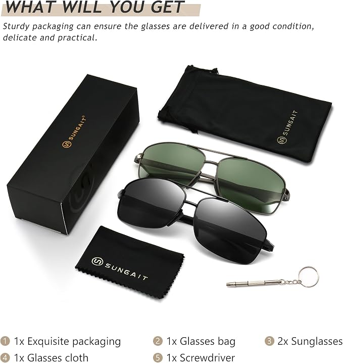 SUNGAIT Ultra Lightweight Rectangular Polarized Sunglasses Men UV400 Protection