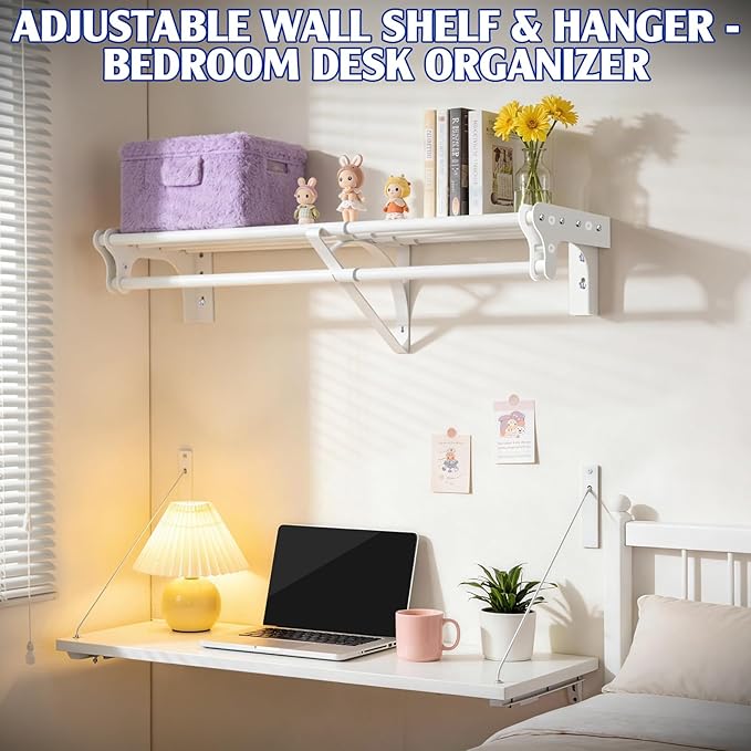 Closet Shelf with Hanging Rod, 52-95'' Expandable Wall Mounted & Side Wall Mounted Steel Clothes Rack with Top Shelf, Holds 220 lb Heavy Duty Closet Rod DIY Divider Separtor for Cabinet Wardrobe