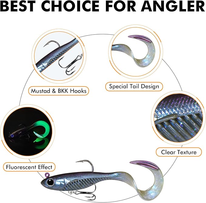 TRUSCEND Duramax Pre-Rigged Fishing Lures with BKK Jig Hooks, 10X Tear-Resistant TPE Soft Swimbaits for Bass Striper Trout Crappie Walleye Grouper, Lifelike Fishing Baits for Saltwater and Freshwater