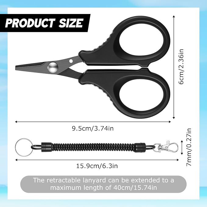 6 Set Fishing Scissors Stainless Steel Fishing Line Cutter Braided Line Cutter Cutters with Titanium Coating Fish with Hook and Retractable Coil Lanyards Fish Accessories (Black)