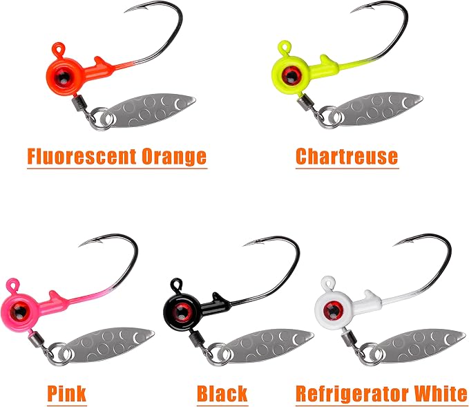 Crappie Jig Heads Fishing Lures Kit, 15pcs Underspin Jig Heads with Spinner Blade Crappie Lures Eye Ball Head Painted Fishing Jigs for Bass, Trout, Panfish, Sunfish