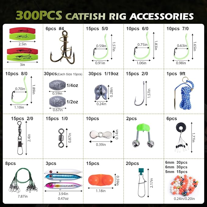 Goture Catfish Rig Making Kit,274pcs/300pcs Catfishing Tackle with Luminous Fishing Hook Swivel Sinker Weights Rattle Float Bobber Stoppers,Catfish Rigs Accessories with 3600 Tackle Box,Gifts for Men