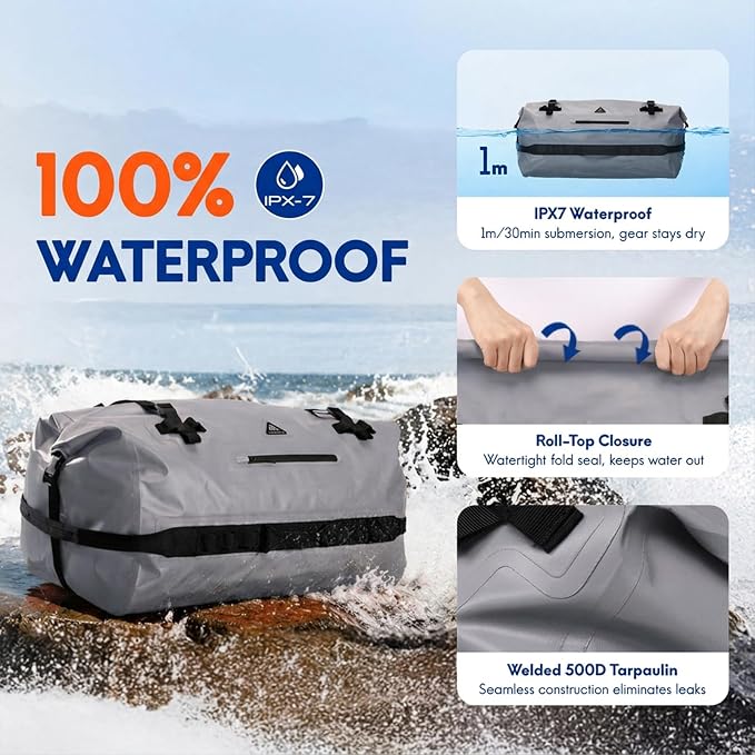 Haimont IPX7 Waterproof Roll-Top Dry Duffel Backpack | 60L/90L Sizes, 500D Tarpaulin, Welded Seams, Mesh Pockets, Boating & Kayaking
