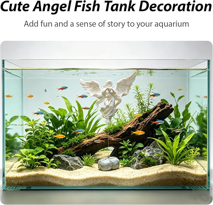 Floating Fish Tank Decorations,Aquarium Angel Decor - White Angel Ornament with Simulated Stone Weight,Betta Fish Tank Decorations,Cool Aquarium Decor for Beginner Fish Tanks