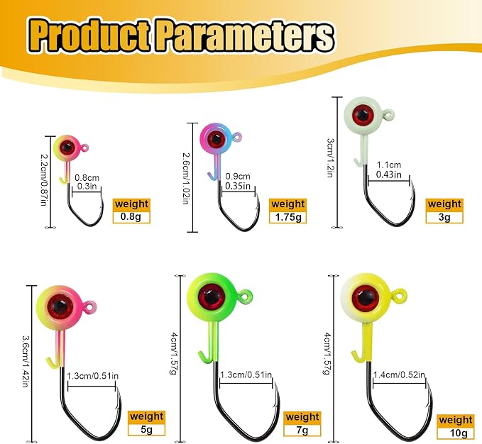 Painted Crappie Jig Heads 3D Eyes Fishing Hooks with Wire Keeper Lures for Crappie Panfish Bass Fishing Jig Hooks Assortment 1/16 oz 1/8 oz 3/16oz 3/8 oz 1/4 oz