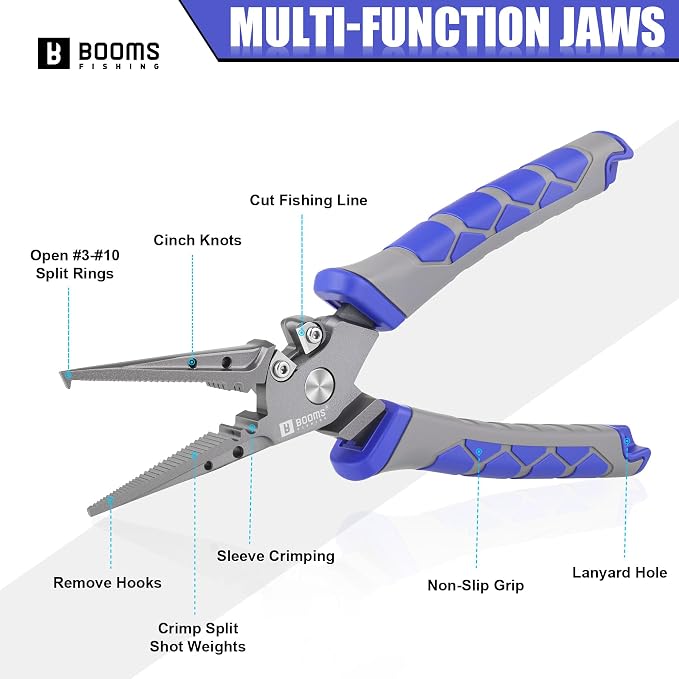 Booms Fishing Pliers Hook Remover: 7.5" Split Ring Pliers and Fish Hook Remover for Saltwater and Freshwater - Braid Line Cutter & Crimper with Lanyard - XW15 Multi-Function Fishing Tool for Angles