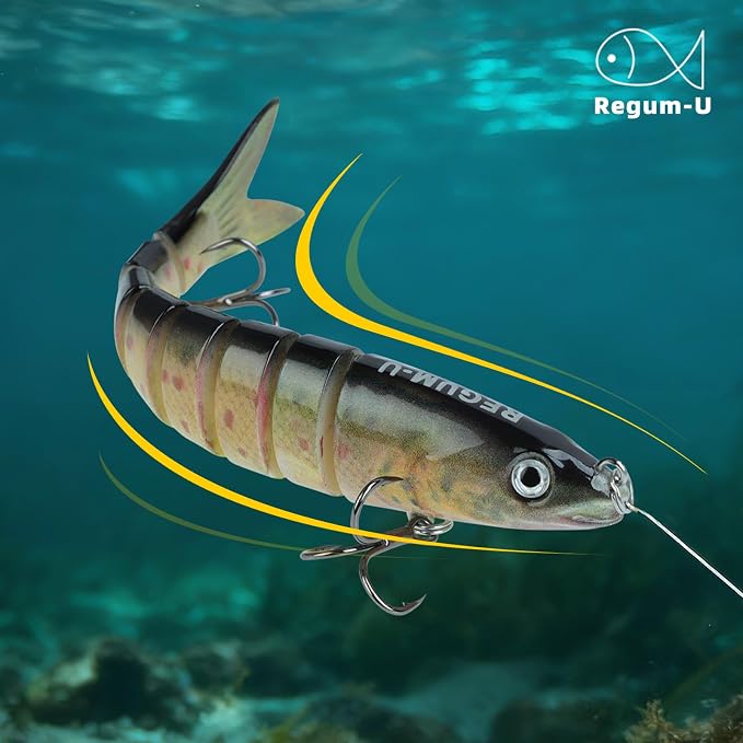 Crown Fishing Lures 8 Segment Realistic Swimbait with 3D Eyes Vibrating Actions,Smooth Lifelike Swimming for More Bites,Reinforced Fiber Joint,Durable Unbreakable Fishing Lure for Various Fish