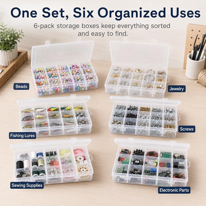APACALI 6 Pack Plastic Organizer Box with Dividers, 18 Grids Clear Tackle Box Organizer, Adjustable Compartment Storage Boxes for Beads, Jewelry, Crafts, Fishing Lures, Screws and Small Parts