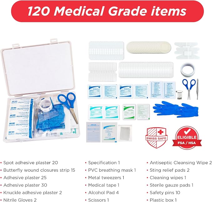 Swiss Safe Mini First Aid Kit – 120 Pcs Compact Hard Shell Medical Kit for Home, Car, Travel, Camping, Hiking, Sports, Office & Outdoor Emergencies, Small Hardcase FAK