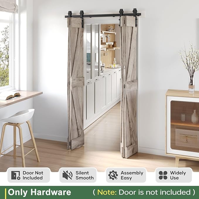 58" Bifold Sliding Barn Door Hardware Track Kit,Side Mounted Black J Shape Roller,Smoothly and Quietly,Assembly Easy,Fit Four 13.5" Bi-Folding Doors (Door Not Included)