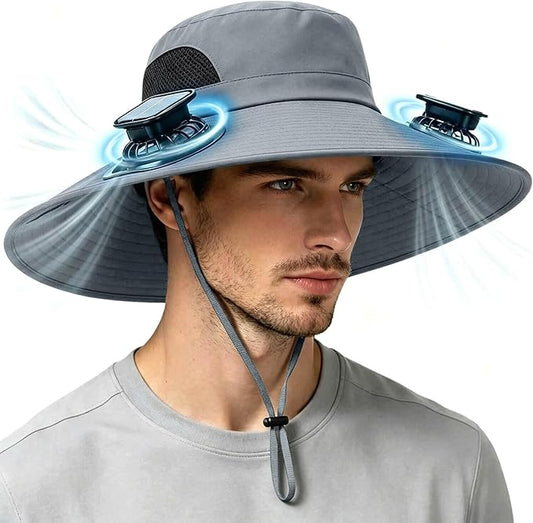 Solar Powered Fan Hat for Men Women Wide Brim Hat with 2 Fans UPF 50+ Outdoor Fishing Beach Sun Hat