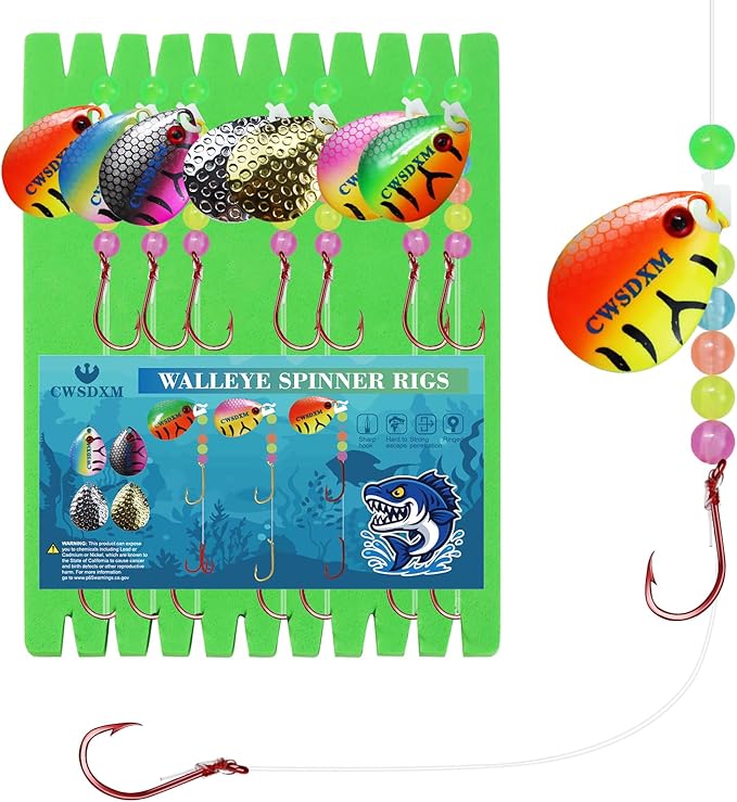 Walleye Rigs Kit, 41.5LB Spinner Rig Crawler Harness with Large Colorado Blades, 7PCS Pre-Rigged for Walleye & Perch Fishing, Worm Rig