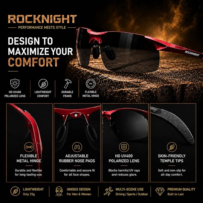 ROCKNIGHT Polarized Rectangular Sunglasses for Men Driving UV400 Protection Lightweight Al‑Mg Frame