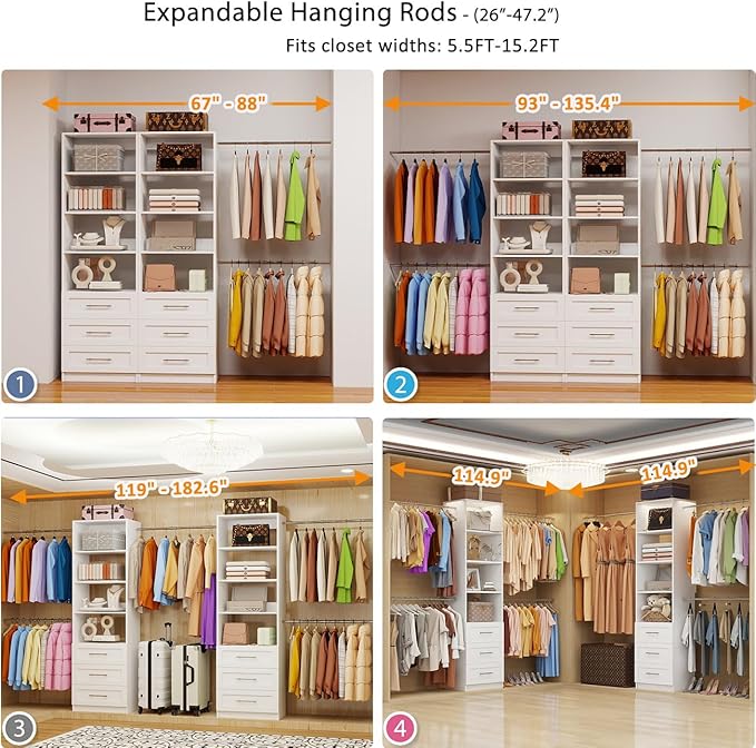 Closet System with 6 Drawers, 5.5FT-15FT Closet Organizer System Modular Wood Walk in Closet Storage System with 8 Shelves 8 Expandable Hanging Rods, Wall Mount White