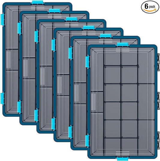 Wonderjune 6 Pack Fishing Tackle Boxes Waterproof 3600 and 3700 Tackle Trays with Removable Dividers Plastic Storage Organizer Bait Vault Camouflage Box for Freshwater Saltwater (Blue,3700)