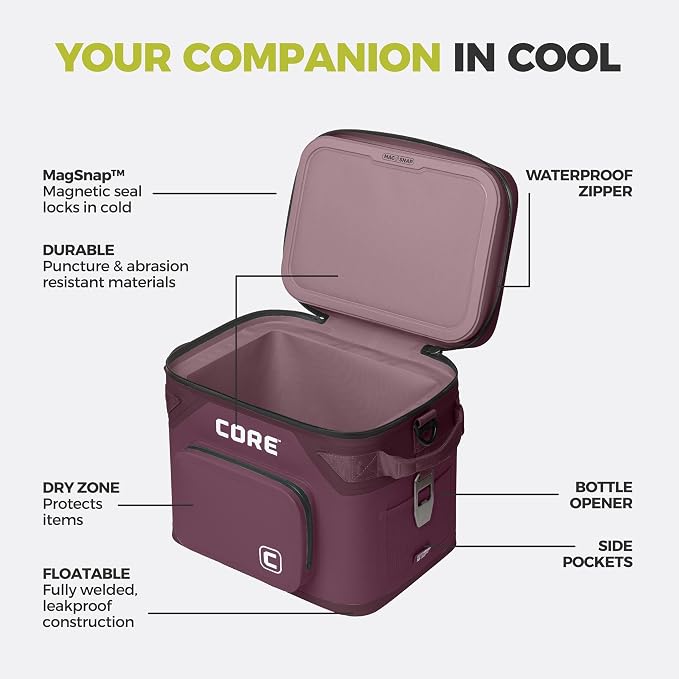 CORE Magnetic Leak Proof Soft Cooler with Waterproof Zipper | Insulated Bag Portable Ice Chest Box | Best Soft Cooler for Food & Beverages for Tailgating, Car Camping, Travel, and Family Beach Picnics