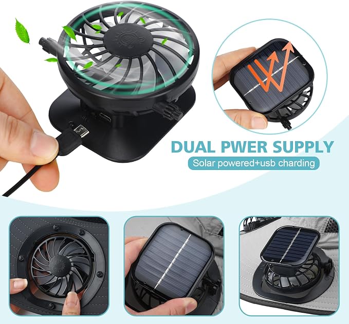 Glitopper 2 Set Wide Brim Solar Fan Hats with 2 Solar Fan and Arm Sleeves Set Outdoor Fishing Bucket Hat for Men Women Hiking