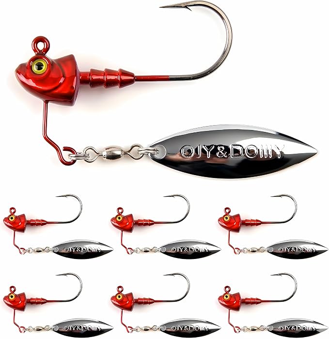6-Pack Underspin Jig Heads with 100% Brass Blade (Never Rust) - 3/16oz, 1/4oz, 3/8oz, 1/2oz - Bass & Saltwater Fishing