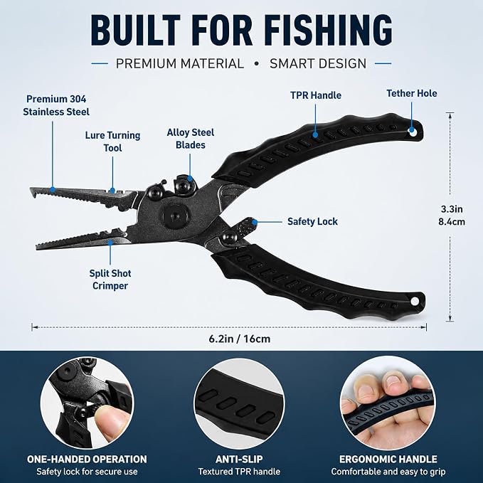 Eupheng Multi Function Fishing Pliers & Scissors Set 4.7" Titanium Coated,Saltwater Resistant Hook Remover with Safety Lock Split Ring Pliers & Fishing Shears for Braided Mono Fluorocarbon