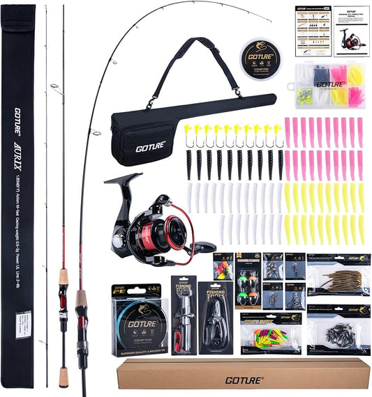 Goture Fishing Rod and Reel Combos, 2-Piece Ultralight Trout Fishing Pole Spinning Reel Line Lures Set with Carrier Bag, Spinning Rod Kit for Starter Travel Saltwater Freshwater, Gifts for Men
