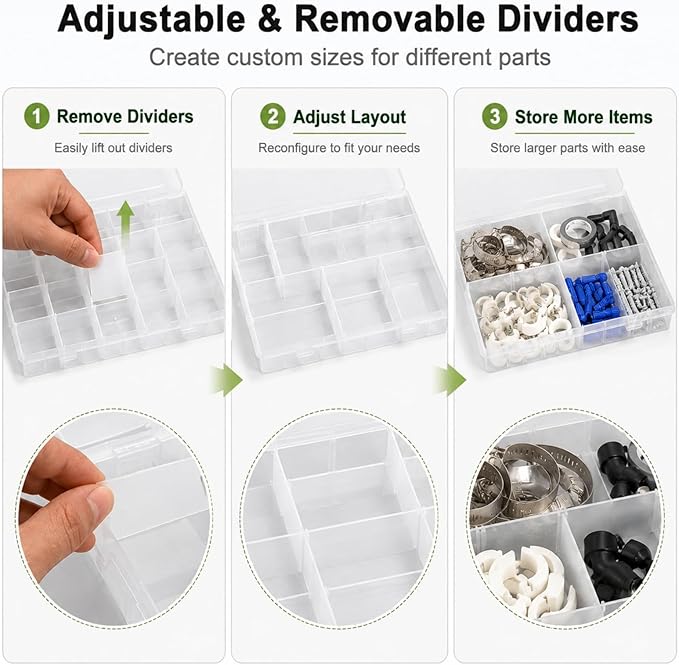 APACALI 4 Pack Large Clear Organizer Box with Dividers, 24 Adjustable Compartments Storage Case for Beads, Crafts, Fishing Lures & Small Parts