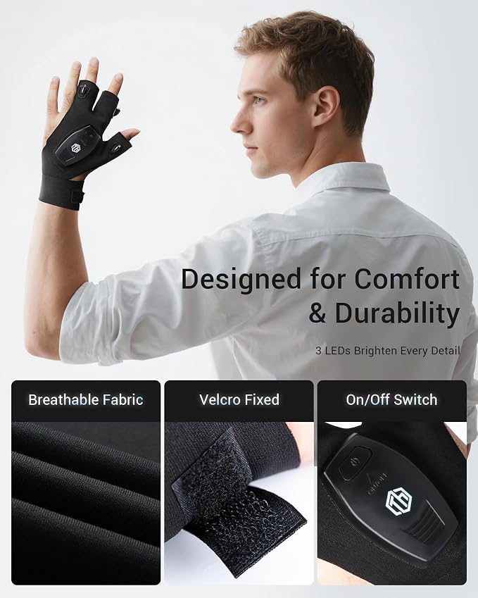 ThxToms Fathers Day Dad Gifts from Daughter Son Wife, Rechargeable Flashlight Gloves, Gift for Men Husband Him Birthday Christmas, Cool Gadget Finger Lights Waterproof for Camping Fishing Repairing