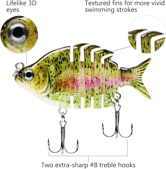 Bassdash SwimPanfish 0.34oz Hard Swimbaits Multi Jointed Topwater Trout Bass Fishing Crank Lure for Freshwater and Saltwater