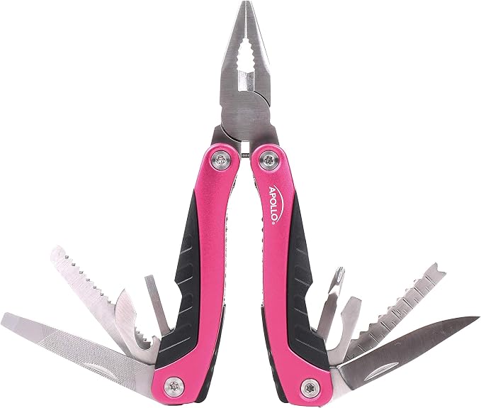 Apollo Tools 14-in-1 Steel Pocket Multitool Pliers, Dozens of Uses for Everyday Life, Repairs, Survival, Outdoors, Camping, Fishing - Pink Ribbon - Pink - DT5015P