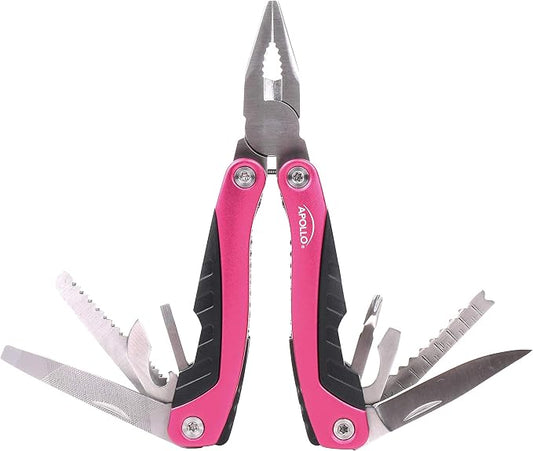 Apollo Tools 14-in-1 Steel Pocket Multitool Pliers, Dozens of Uses for Everyday Life, Repairs, Survival, Outdoors, Camping, Fishing - Pink Ribbon - Pink - DT5015P