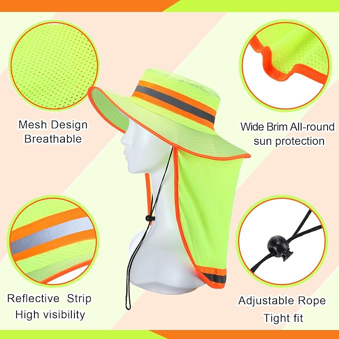 6 Pcs Reflective Safety Hat High Visibility Neck Flap Boonie Hat Wide Brim Work Hats Breathable Bucket Cap for Worker