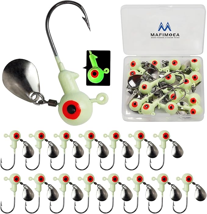 15/20/30Pcs Underspin Jig Heads with Spinner Fishing Jig Heads Hooks Set Crappie Jigs Fishing Jig Hooks Assortment Saltwater Freshwater Bass Crappie Trout Glow in The Dark…