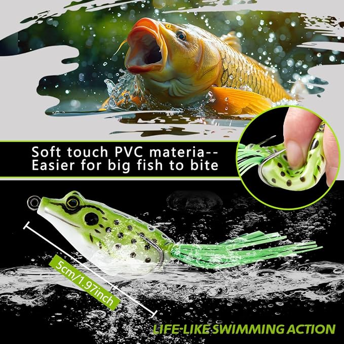 5PCS Frog Lure Kit - Topwater Fishing Lures for Pike, Snakehead & Freshwater Fish | Soft PVC Baits with Weedless Hooks - Perfect for Dense Vegetation | Ideal Lure Set for Anglers inSaltwater