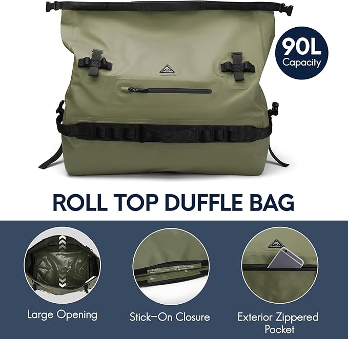 Haimont IPX7 Waterproof Roll-Top Dry Duffel Backpack | 60L/90L Sizes, 500D Tarpaulin, Welded Seams, Mesh Pockets, Boating & Kayaking
