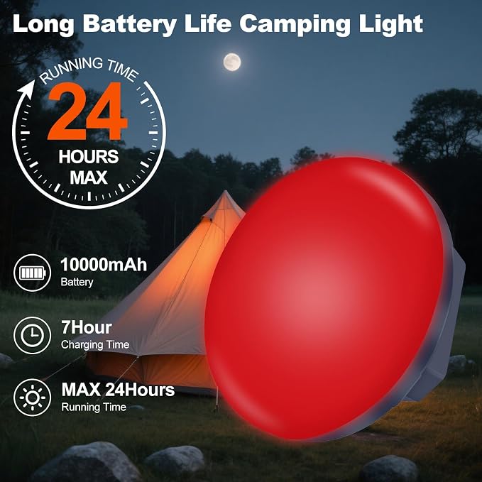 2025 Red Light Insect-Proof Camping Lamp10000mAh Rechargeable 3000LM Tent Camping Light, 6500K 24Hours Long Play Time , Outdoor Night Market Night Fishing Lantern (red（Remote）)