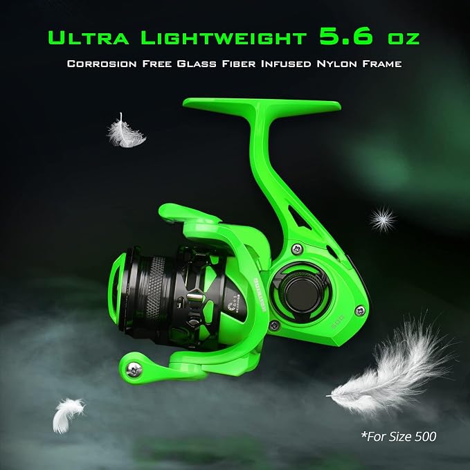 KastKing Zephyr Spinning Reels – 7+1/6+1 BB – Carbon Fiber Drag – Stainless Steel Shaft – Aluminum & CNC Spool – Black/Green/Orange – Sizes 500/1000 SFS – ICE Fishing Ready Reels!
