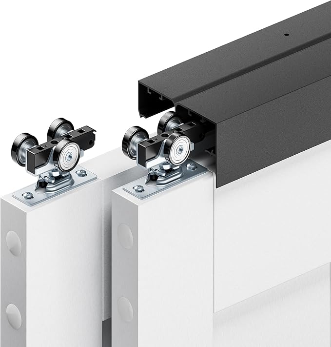 4FT Bypass Door Hardware, Closet Door Track Kit, Top-Mounted Style, Made of Heavy Duty Aluminum, Smoothly and Quietly, for 2 Doors System - Fit Min Door Panel Width of 24.5in, Black