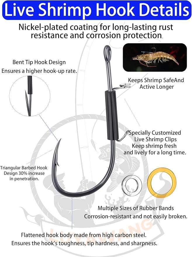 24Pcs Live Shrimp Hooks Saltwater Fishing Hooks - 3X Strength Stainless Steel Steel Wire Rig Accessories Ready to Use 2 Sizes Rubber Bands Freshwater