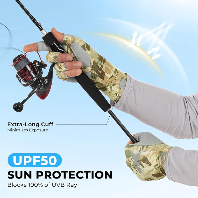 KastKing Agies Fishing Gloves Men, UPF 50+ Sun Gloves UV Protection, Cooling Quick-Dry 3/4 Fingerless Gloves with Extended Cuff, Microfiber Palm & Pull Tabs, for Fishing, Kayaking, Hiking, Hunting