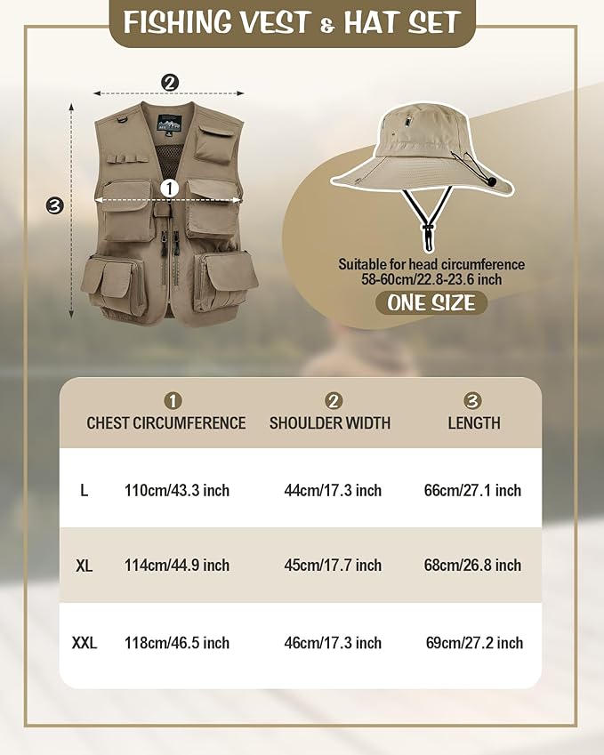 Shihanee 2 Pcs Men's Fishing Vest Sun Hat Multi Pocket Safari Vest for Outdoor Hiking Summer Travel