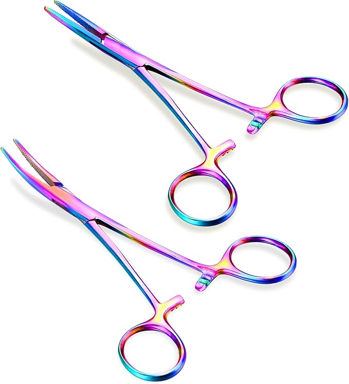GEMQUEEN Piercing Curved and Straight Forceps for Changing Jewelry - 316L Surgical Stainless Steel Pliers Tool Set Colorful Locking Tweezers Clamps for Removal Earrings Lip Nose Rings 2 PCS