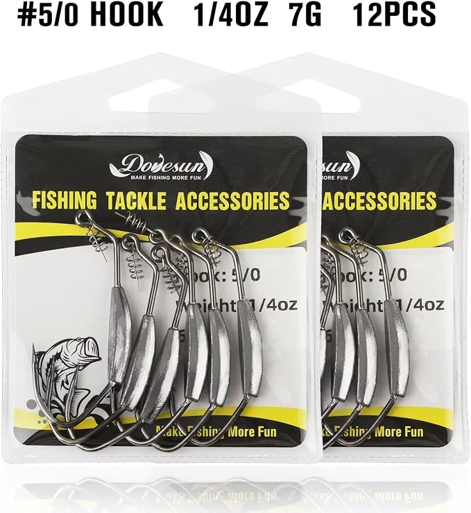Dovesun 12PCS/44PCS Weighted Swimbait Hooks Weighted Fishing Hooks Saltwater Freshwater Worm Weedless Hooks for Bass Fishing 3/0 4/0 5/0