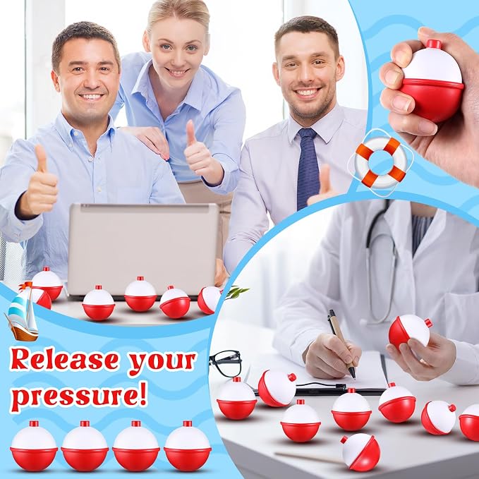Libima 100 Pcs 2'' Fishing Bobber Stress Ball Squeeze Fidget Toy Themed Party Favor Fun Stress Relief Toy for Teen Adult Improve Grip Strength Release Pressure Finger Exercise