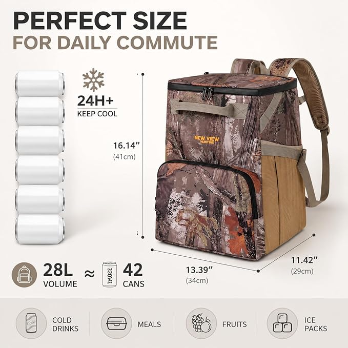 Backpack Cooler, 42 Can 16mm Leakproof Soft Cooler Backpack, Waterproof & Lightweight Camo Lunch Backpack for Work, Fishing, Beach, Day Trips, Large Capacity with Dry/Wet Storage