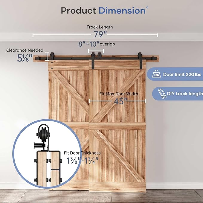 EaseLife 6.6FT Bypass Double Sliding Barn Door Hardware Kit,Single Track, Slide Smoothly Quietly, Easy Install (6.6FT Track Kit for Double 45" Wide Door)